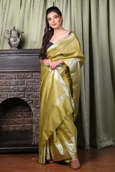 This is   Olive Green Blended Silk saree with temple border from Charukriti