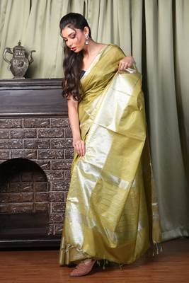 This is   Olive Green Blended Silk saree with temple border from Charukriti 2