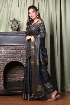 This is   Black Blended Silk saree with temple border from Charukriti