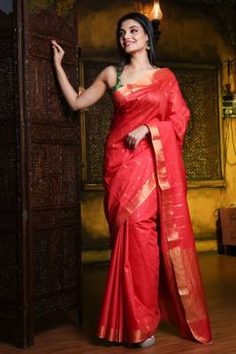 This is   Red Blended Silk soft saree with textured design from Charukriti 1