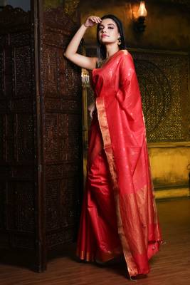 This is   Red Blended Silk soft saree with textured design from Charukriti 2