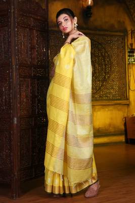 This is   Yellow Blended Silk soft saree with textured design from Charukriti 2