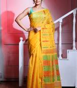 This is   Yellow Silk Cotton handwoven soft Jamdani saree  from Charukriti