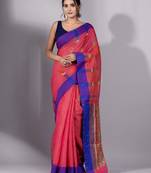 This is   Red Tissue handwoven saree with purple border from Charukriti