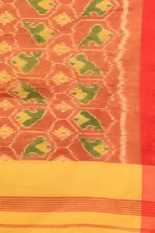This is   Yellow Tissue handwoven saree with red border from Charukriti