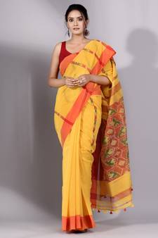 This is   Yellow Tissue handwoven saree with red border from Charukriti