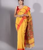 This is   Yellow Tissue handwoven saree with red border from Charukriti