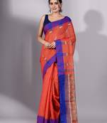 This is   Red Tissue handwoven saree with Blue border from Charukriti