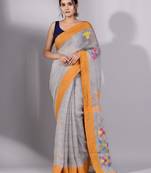 This is   Light Grey Linen handwoven soft saree with jamdani pallu from Charukriti