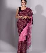 This is   Pink Cotton Handspun soft saree with floral weaving from Charukriti