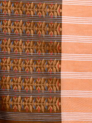 This is   Orange Cotton Handspun soft saree with floral weaving from Charukriti 2