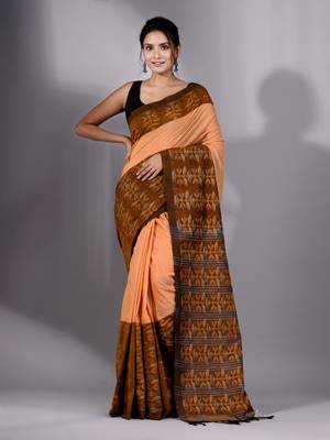 This is   Orange Cotton Handspun soft saree with floral weaving from Charukriti 1