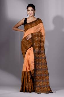 This is   Orange Cotton Handspun soft saree with floral weaving from Charukriti