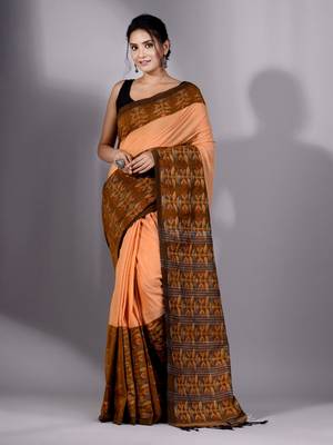 This is   Orange Cotton Handspun soft saree with floral weaving from Charukriti 4