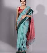 This is   Green Cotton Handspun soft saree with temple border from Charukriti