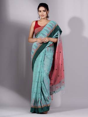 This is   Green Cotton Handspun soft saree with temple border from Charukriti 4