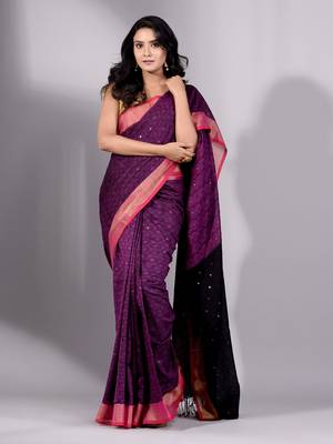 This is   Violet Cotton soft hadwoven saree with textured design from Charukriti 1