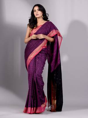 This is   Violet Cotton soft hadwoven saree with textured design from Charukriti 4