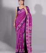 This is   Purple Cotton soft handwoven saree with geomatric design in pallu from Charukriti