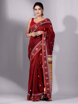 This is   Wine Red Cotton soft handwoven saree with geomatric design in pallu from Charukriti 1