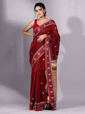This is   Wine Red Cotton soft handwoven saree with geomatric design in pallu from Charukriti 4