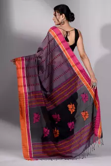 This is   Graphite Grey Cotton soft handwoven saree with duel bordar from Charukriti