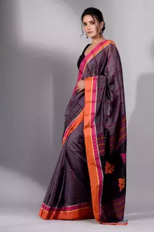 This is   Graphite Grey Cotton soft handwoven saree with duel bordar from Charukriti