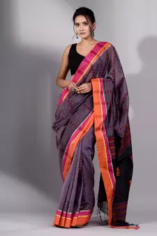 This is   Graphite Grey Cotton soft handwoven saree with duel bordar from Charukriti