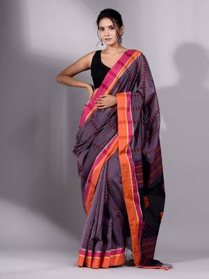 This is   Graphite Grey Cotton soft handwoven saree with duel bordar from Charukriti 1