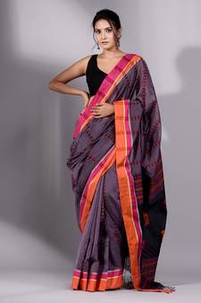 This is   Graphite Grey Cotton soft handwoven saree with duel bordar from Charukriti