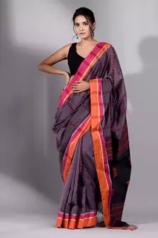 This is   Graphite Grey Cotton soft handwoven saree with duel bordar from Charukriti