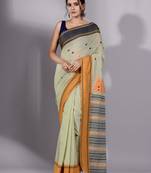 This is   Sap Green Cotton soft handwoven saree with geomatric design in pallu from Charukriti