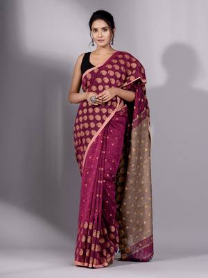 This is   Magenta Cotton soft hadwoven saree with textured design from Charukriti 1