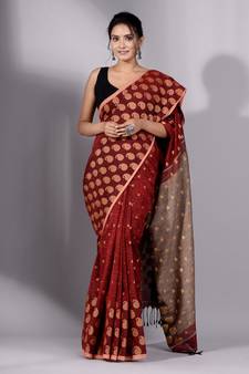 This is   Red Cotton soft hadwoven saree with textured design from Charukriti