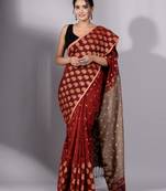 This is   Red Cotton soft hadwoven saree with textured design from Charukriti