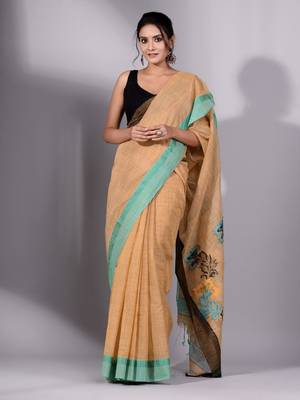 This is   Mustard Cotton Handspun handwoven soft saree with textured design from Charukriti 1