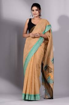 This is   Mustard Cotton Handspun handwoven soft saree with textured design from Charukriti