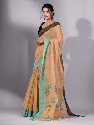 This is   Mustard Cotton Handspun handwoven soft saree with textured design from Charukriti 4