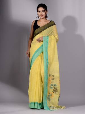 This is   Yellow Cotton Handspun handwoven soft saree with textured design from Charukriti 1