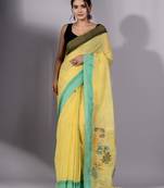 This is   Yellow Cotton Handspun handwoven soft saree with textured design from Charukriti