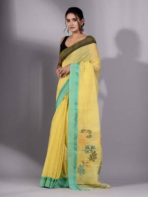 This is   Yellow Cotton Handspun handwoven soft saree with textured design from Charukriti 4