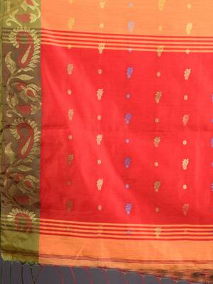This is   Orange Blended Cotton handwoven soft saree with floral weaving in border from Charukriti 2