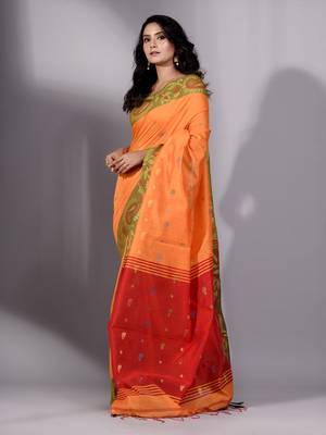 This is   Orange Blended Cotton handwoven soft saree with floral weaving in border from Charukriti 1
