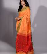 This is   Orange Blended Cotton handwoven soft saree with floral weaving in border from Charukriti
