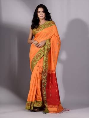 This is   Orange Blended Cotton handwoven soft saree with floral weaving in border from Charukriti 4