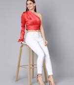 Ruby red one off shoulder women satin crop top