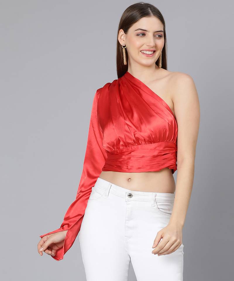 Ruby red one off shoulder women satin crop top