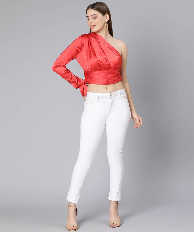 Ruby red one off shoulder women satin crop top