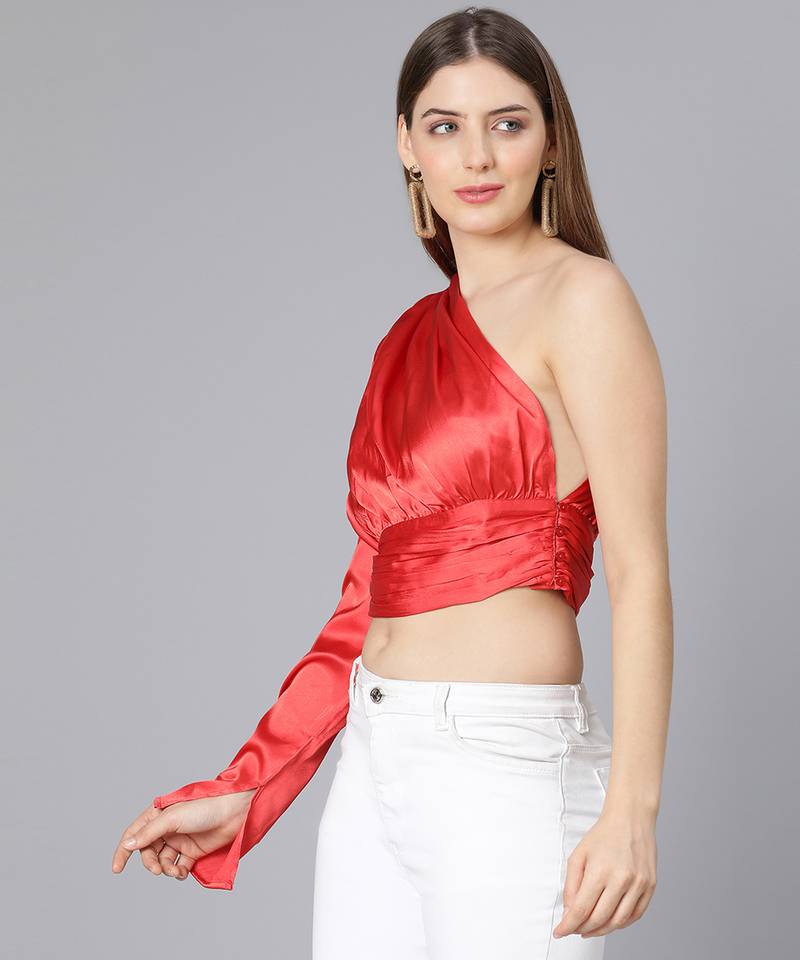 Ruby red one off shoulder women satin crop top