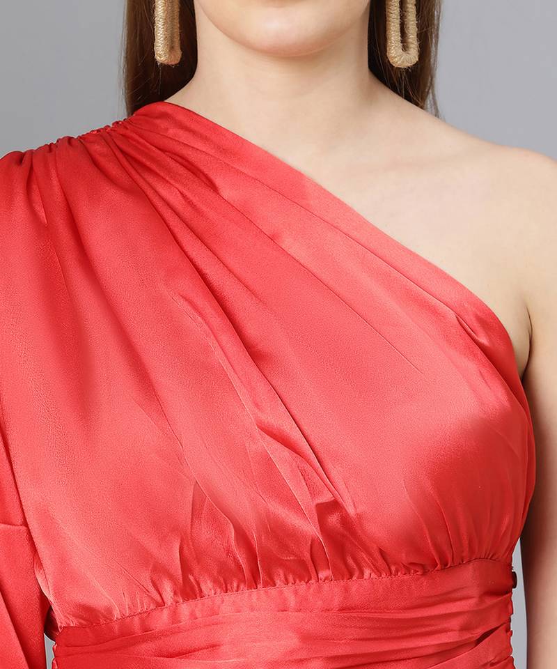 Ruby red one off shoulder women satin crop top